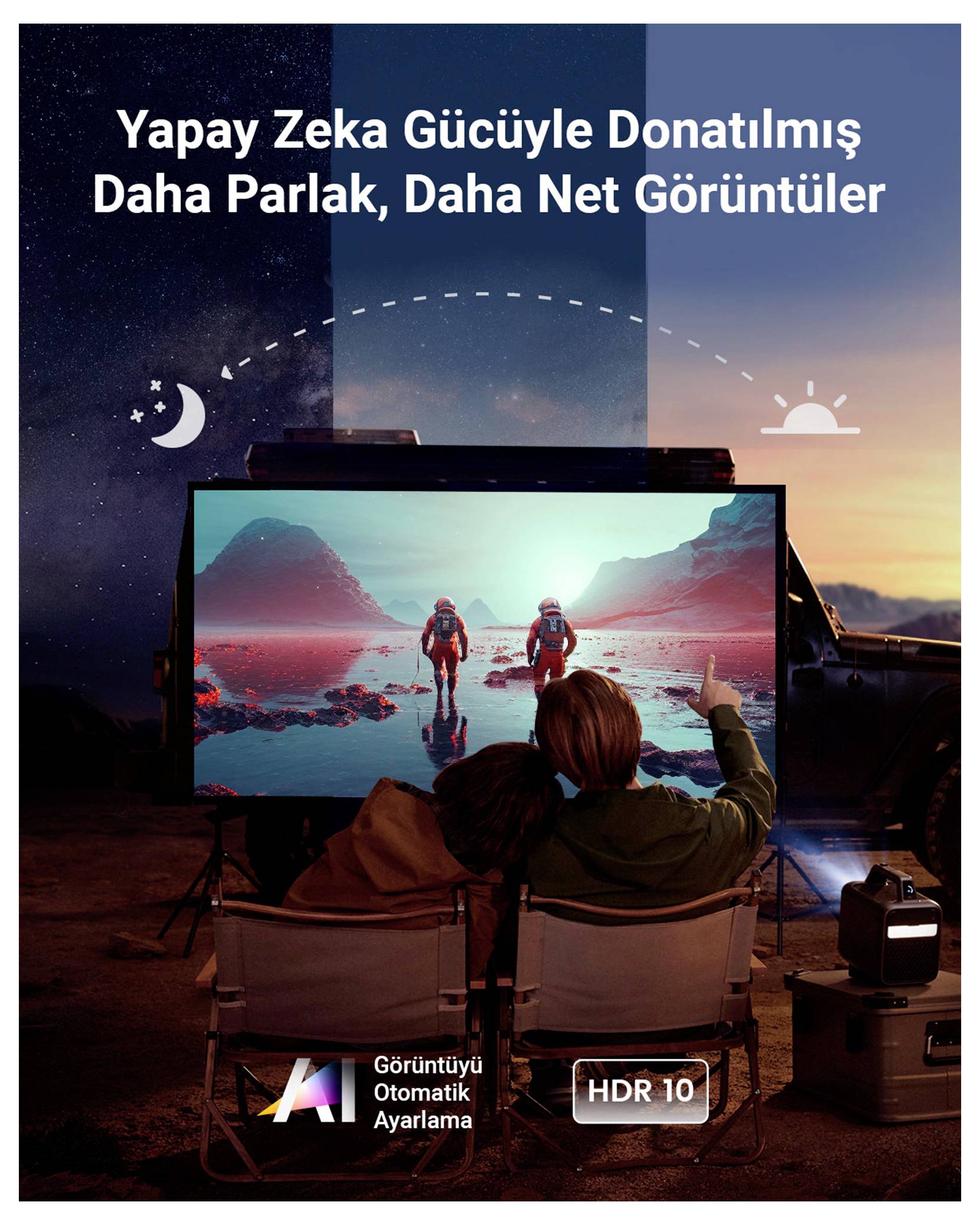 Zwei Menschen beobachten ein landschaftliches Bild auf einem Display, mit dem Text „Mit künstlicher Intelligenz ausgestattete hellere, schärfere Bilder" und Logos für KI-Autoanpassung und HDR10.