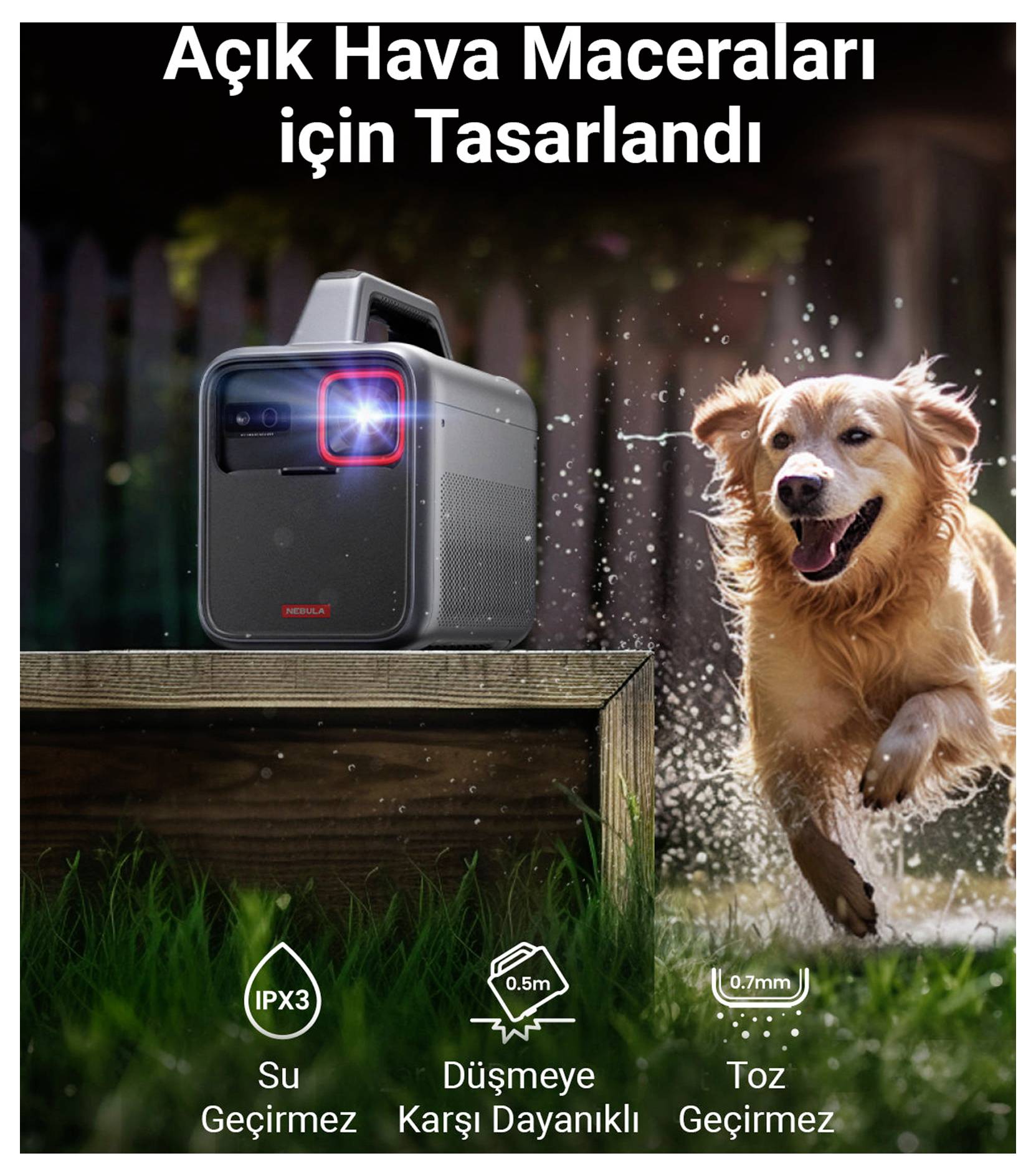 Wasserdichter tragbarer Projektor neben einem laufenden Golden Retriever; Text sagt „Für Outdoor-Abenteuer konzipiert" und Symbole zeigen IPX3, Sturzfest aus 0,5 m Höhe, staubdicht.