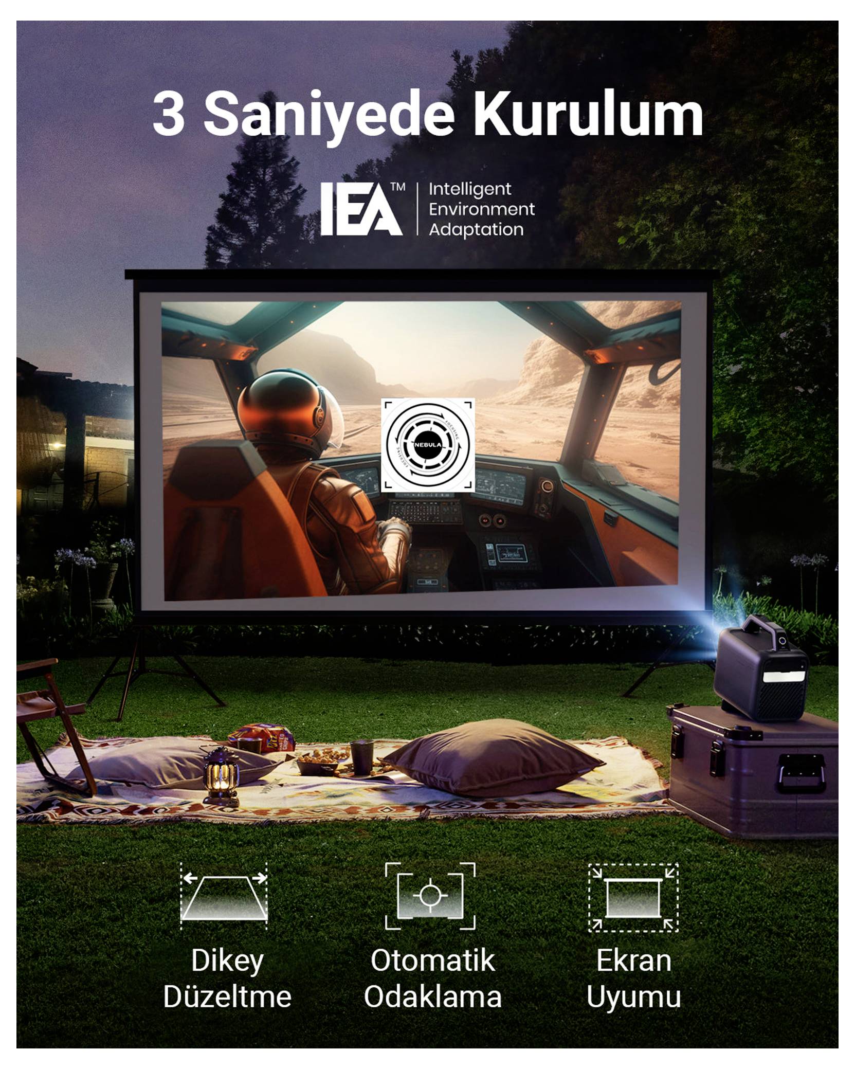 Outdoor-Kinoanzeigenanzeige für IEA-Projektor: „Aufbau in 3 Sekunden" mit den Funktionen „Vertikale Korrektur", „Automatischer Fokus" und „Bildschirmkompatibilität".