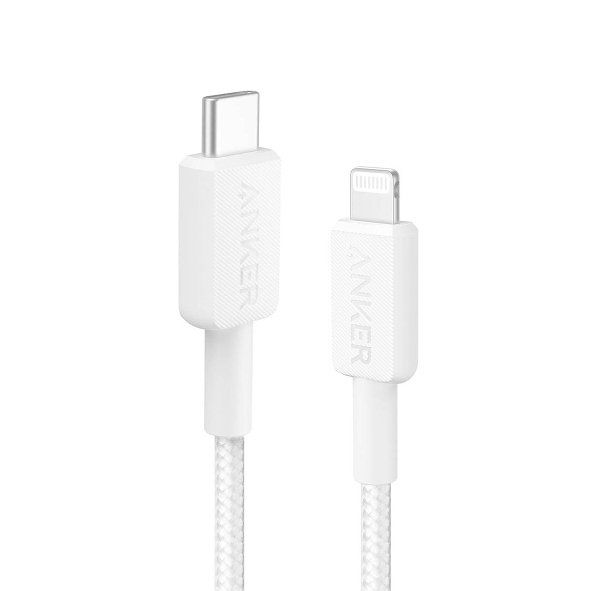 Weißes Anker-Ladekabel mit USB-C an einem Ende und Lightning am anderen Ende, gezeigt auf einem einfachen Hintergrund.