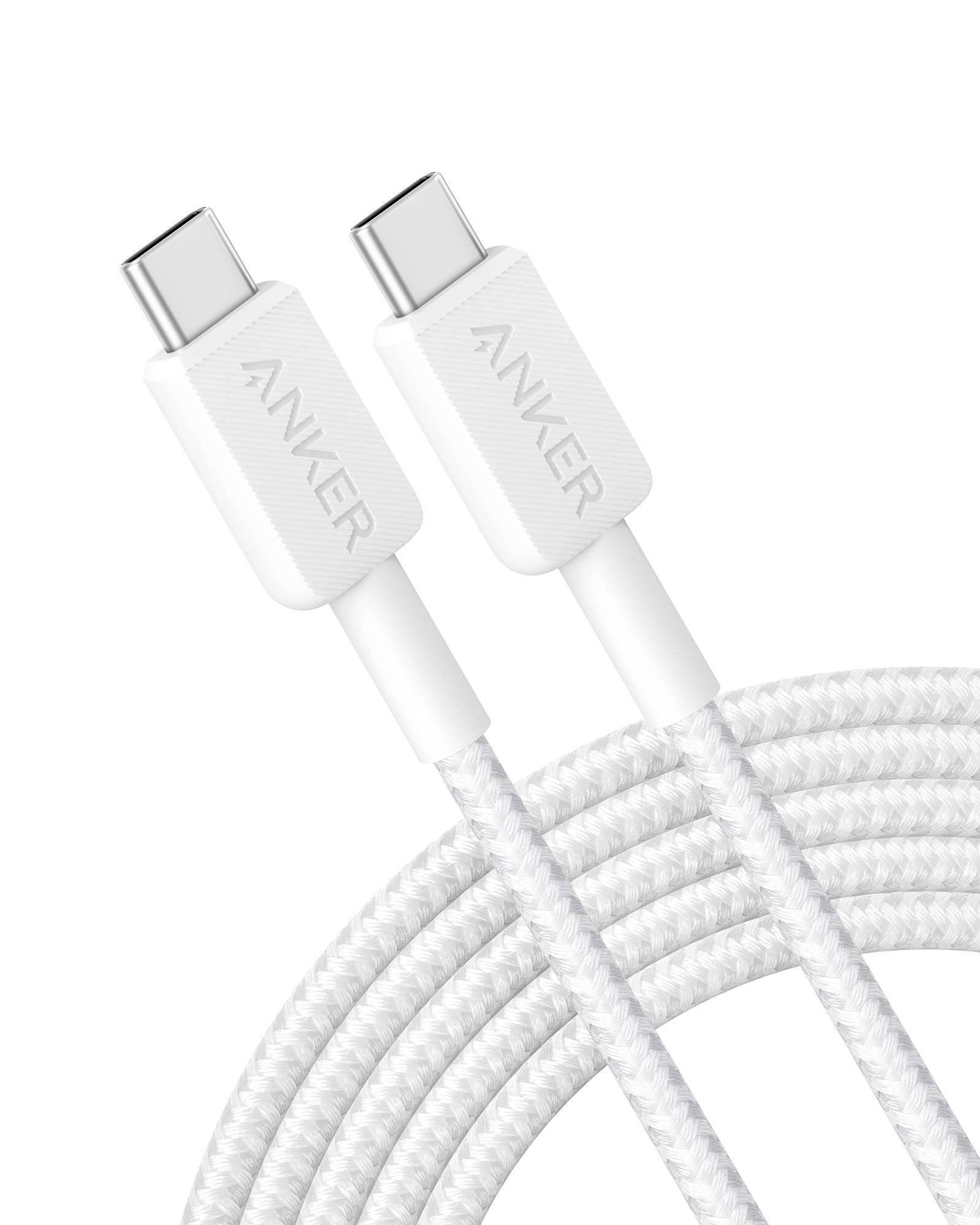 Zwei weiße Anker-USB-C-Ladekabel mit geflochtenen Kabeln, auf weißem Hintergrund aufgerollt dargestellt.