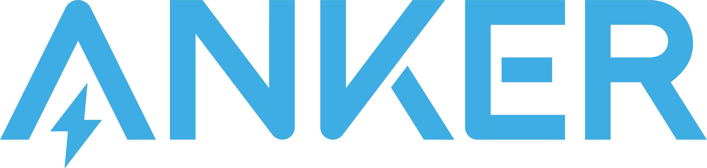 Anker-Logo in Blau mit einem stilisierten Blitz, der Teil des Buchstabens A bildet.