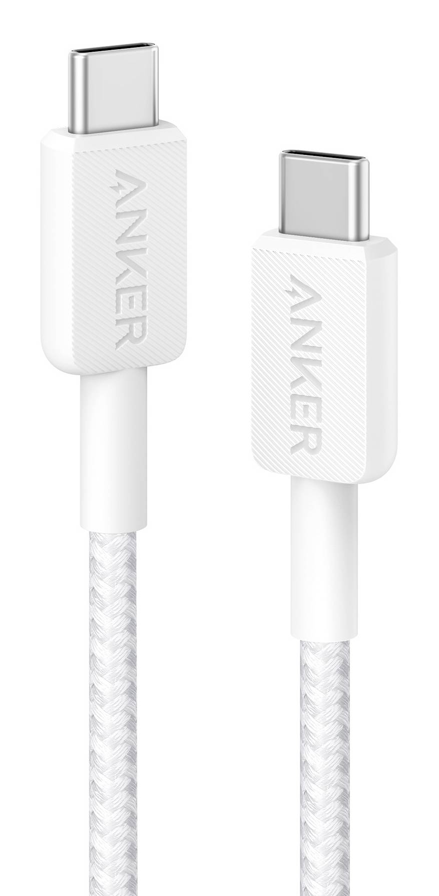 Zwei weiße Anker USB-C-Kabelstecker nebeneinander dargestellt, mit geflochtenen weißen Kabeln.