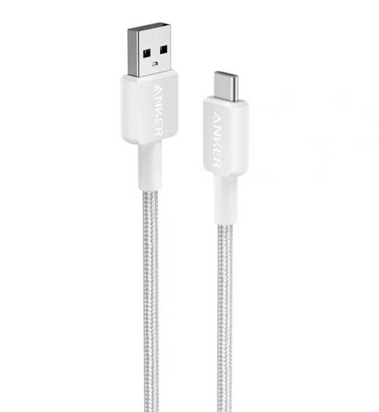 Weißes Anker-Ladekabel mit USB-A- und USB-C-Anschlüssen, gezeigt auf einfachem Hintergrund.