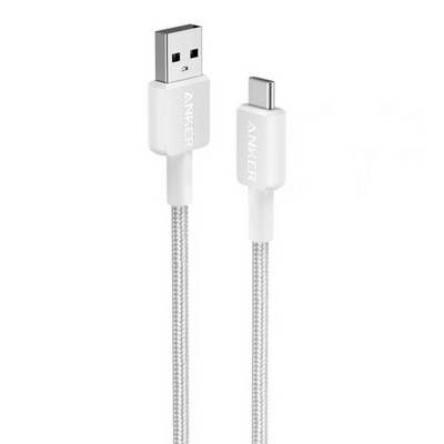 Weißes Anker-Ladekabel mit USB-A- und USB-C-Anschlüssen, gezeigt auf einfachem Hintergrund.