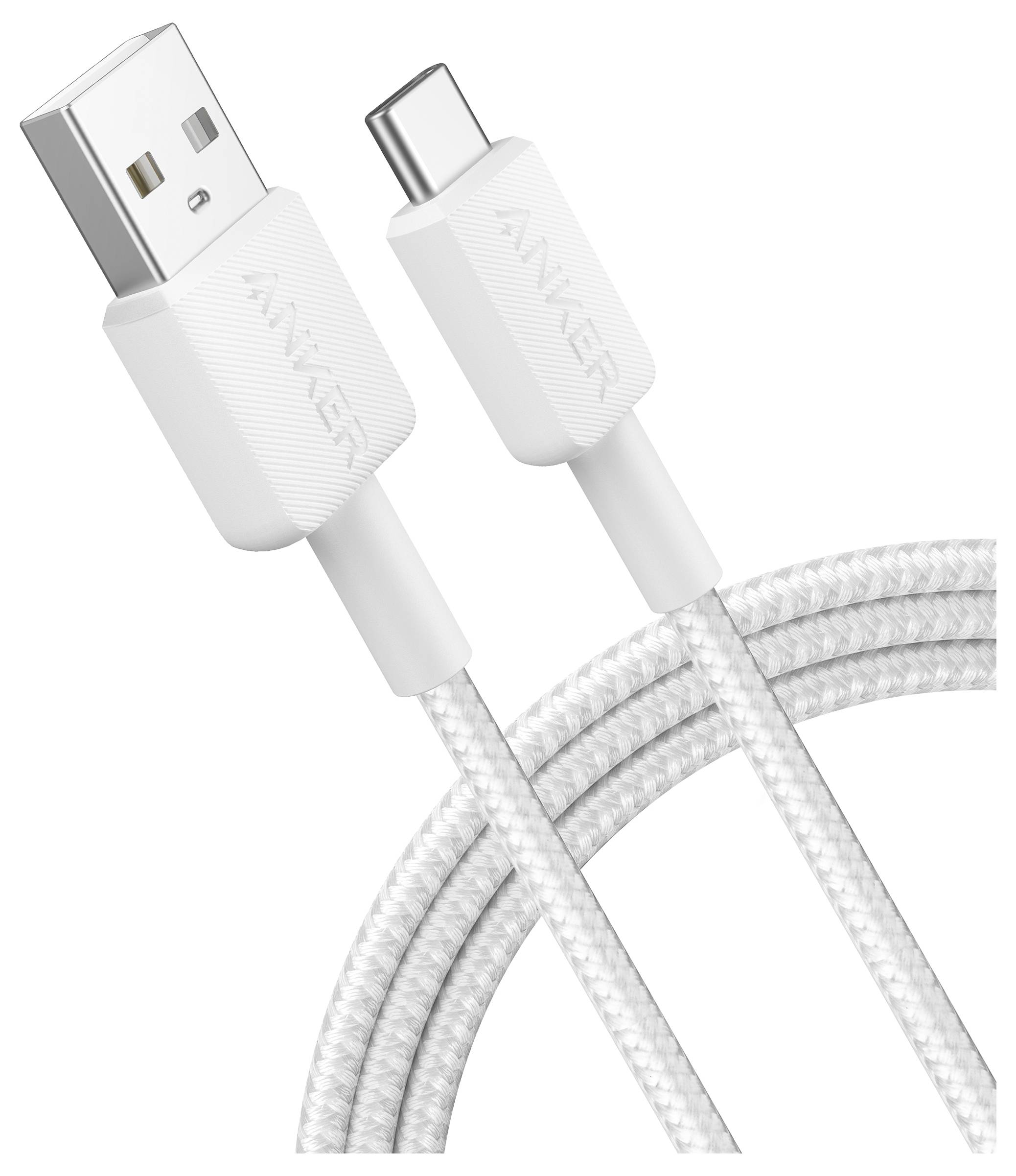 Weißes geflochtenes USB-A zu USB-C Ladekabel mit ANKER-Branding auf neutralem Hintergrund.