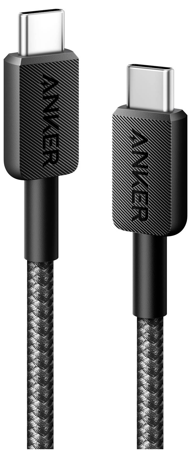 Zwei schwarze Anker USB-C-Ladekabel mit geflochtenen unteren Kabeln und metallischen Steckern, nebeneinander auf weißem Hintergrund dargestellt.