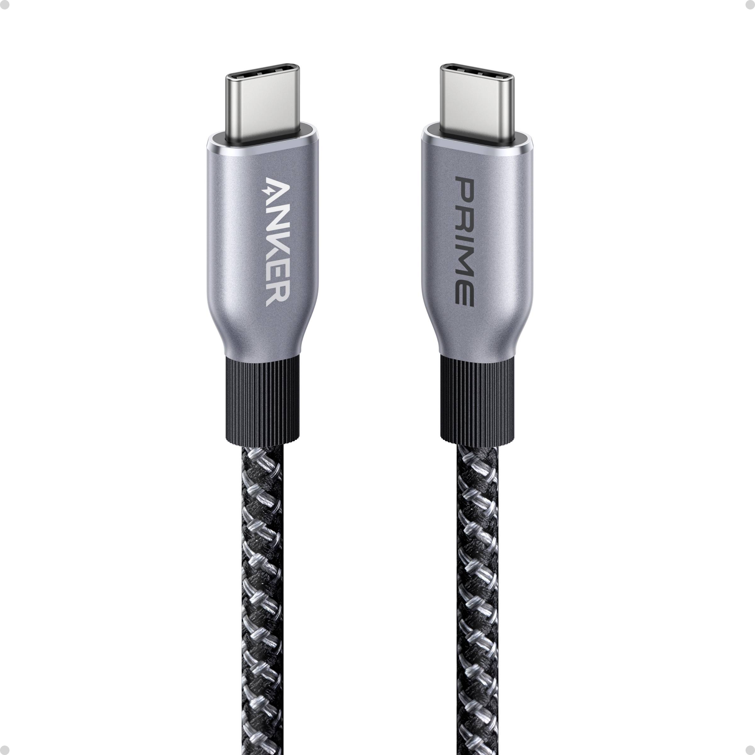 Zwei geflochtene USB-C-Kabel mit grauen Steckern, auf denen „ANKER" und „PRIME" beschriftet sind, vor weißem Hintergrund.