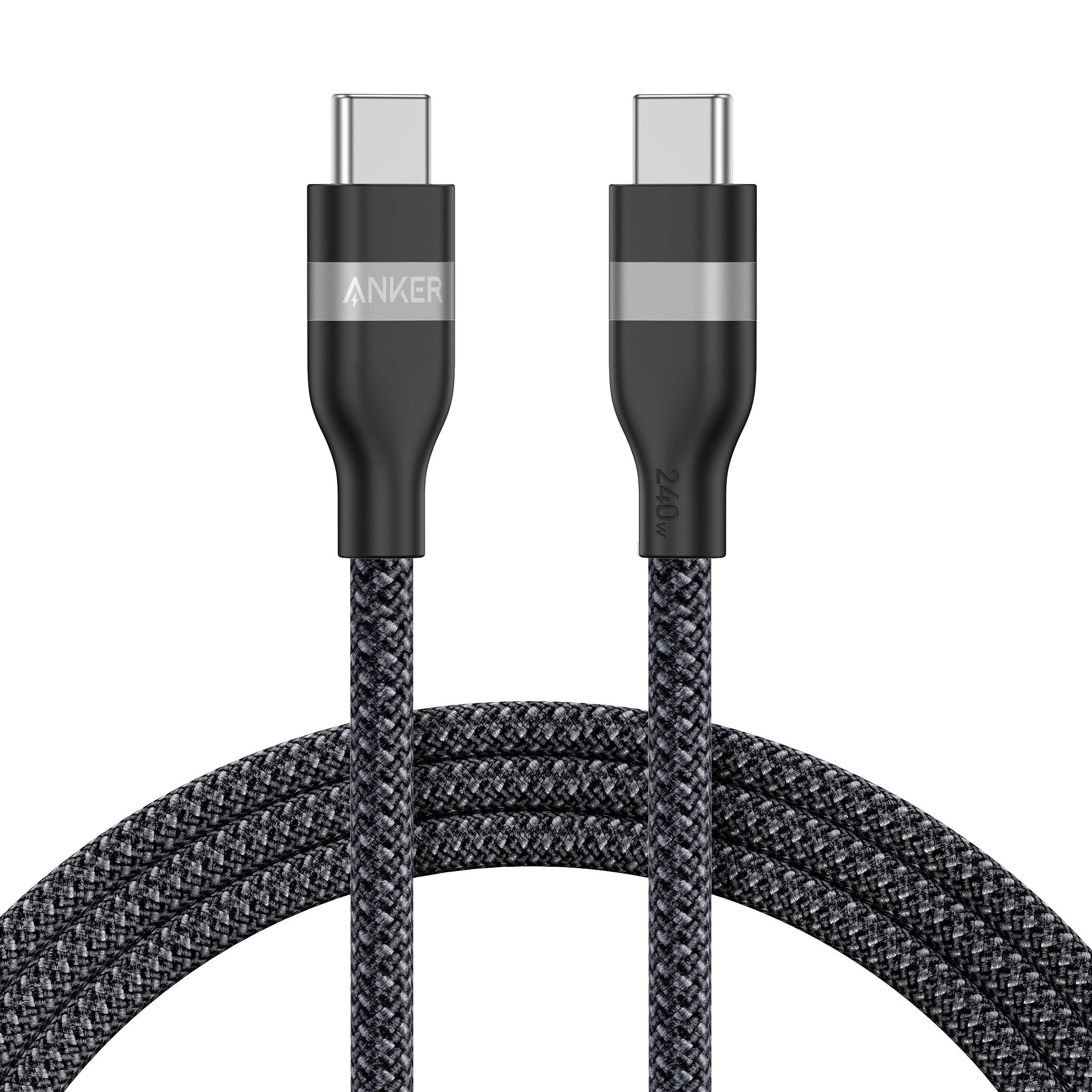 Geflochtenes Anker USB-C-Kabel mit zwei USB-C-Steckern vor weißem Hintergrund gezeigt.