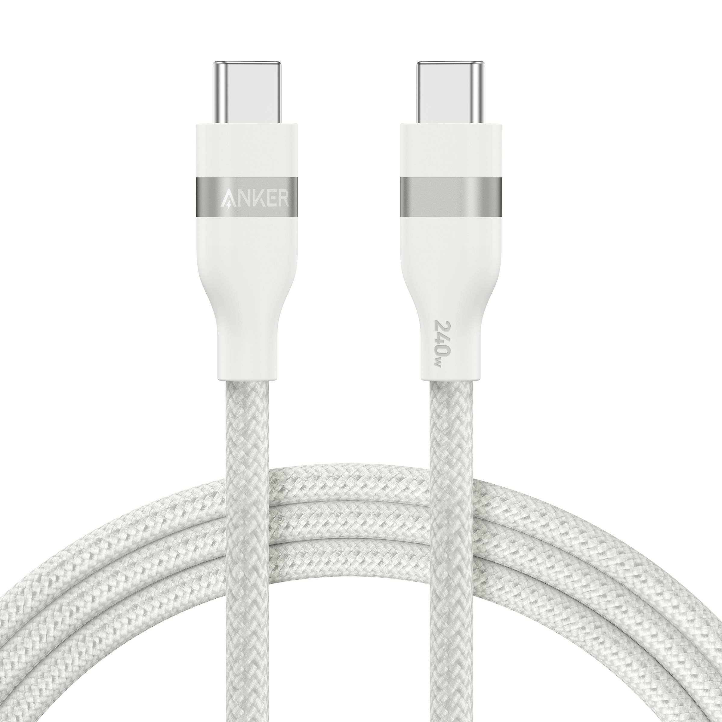 Weißes Anker USB-C-Ladekabel mit geflochtenem Kabel und „240W"-Markierung auf einem Stecker, aufgerollt vor weißem Hintergrund dargestellt.