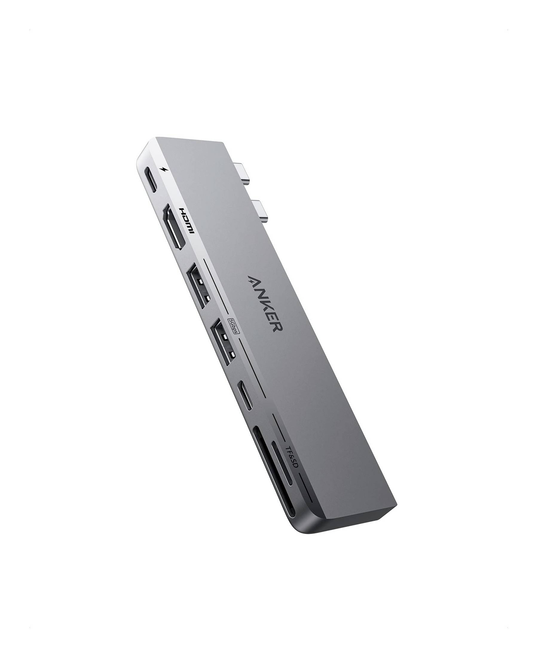 Anker USB-C-Hub-Adapter im Schrägbild, mit mehreren Anschlüssen einschließlich HDMI, USB-A, USB-C und SD/microSD-Steckplätzen.