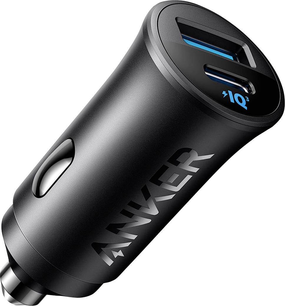 Schwarzes Auto-Ladegerät mit einem USB-C- und einem USB-A-Anschluss, blau beleuchteter „10"-Anzeige und seitlicher Entriegelungstaste.