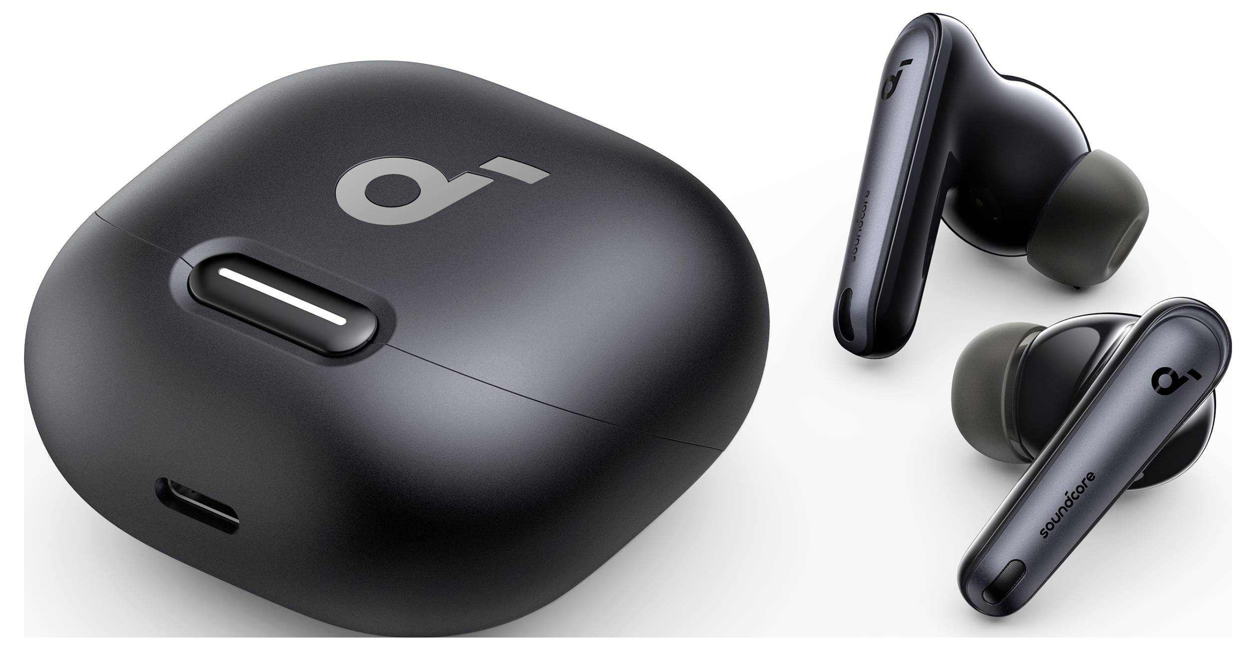 Schwarzes kabelloses Ladegehäuse für Ohrstöpsel mit zwei passenden Ohrstöpseln daneben, mit Oberflächenlogo und USB-C-Ladeanschluss.