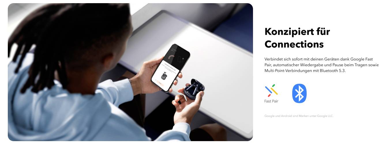 Person mit Kopfhörern nutzt eine Smartphone-App, um ein Google Fast Pair-Gerät mit Bluetooth 5.3 zu verbinden; deutscher Werbtext besagt „Konzipiert für Connections".