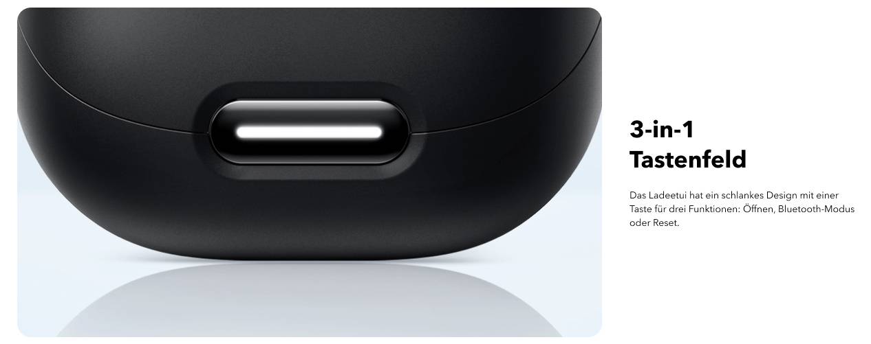 Schwarzer 3-in-1-Lautsprecher vorne mit zentraler beleuchteter Taste; Text sagt „3-in-1 Standfuß" mit Funktionen: Öffnen, Bluetooth-Modus oder Zurücksetzen.