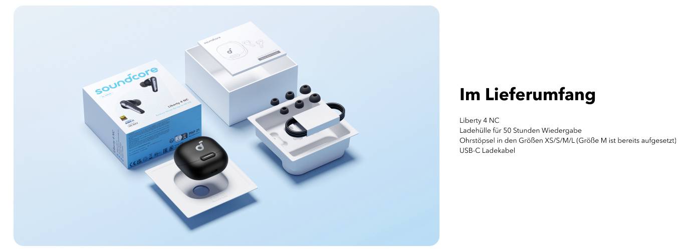 Produktpaketinhalte neben einem Soundcore-Ladeetui und Kopfhörern: Liberty 4 NC, Ladeetui, Ohrstöpsel, USB-C-Kabel und Bedienungsanleitung.