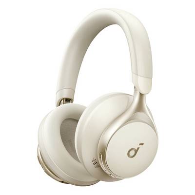 Cremefarbene kabellose Over-Ear-Kopfhörer mit geschwungenem Kopfbügel und runden Ohrmuscheln auf weißem Hintergrund.