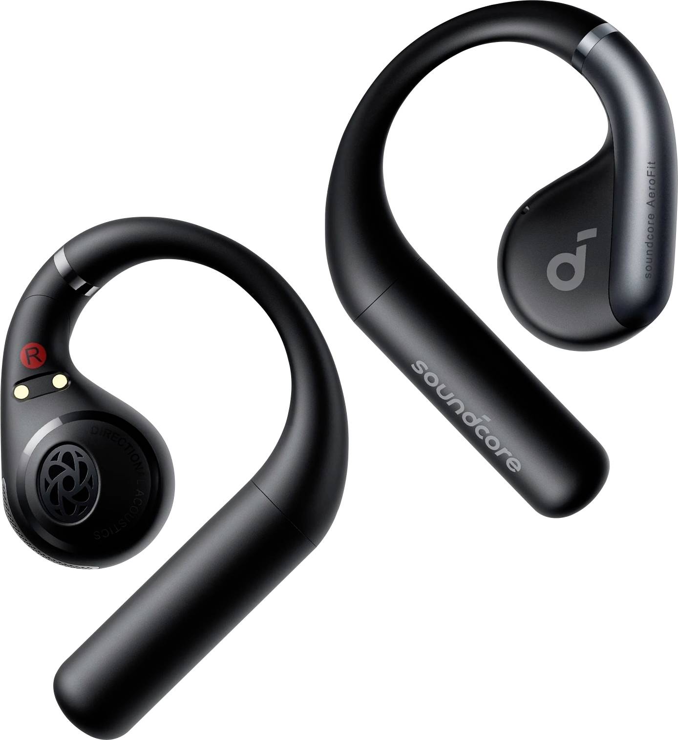 Zwei schwarze Soundcore Over-Ear-Kopfhörer mit drahtlosen Ohrbügeln, von vorne und hinten gezeigt, wobei das gekrümmte Design und die Ohrhörer-Steuerelemente hervorgehoben werden.