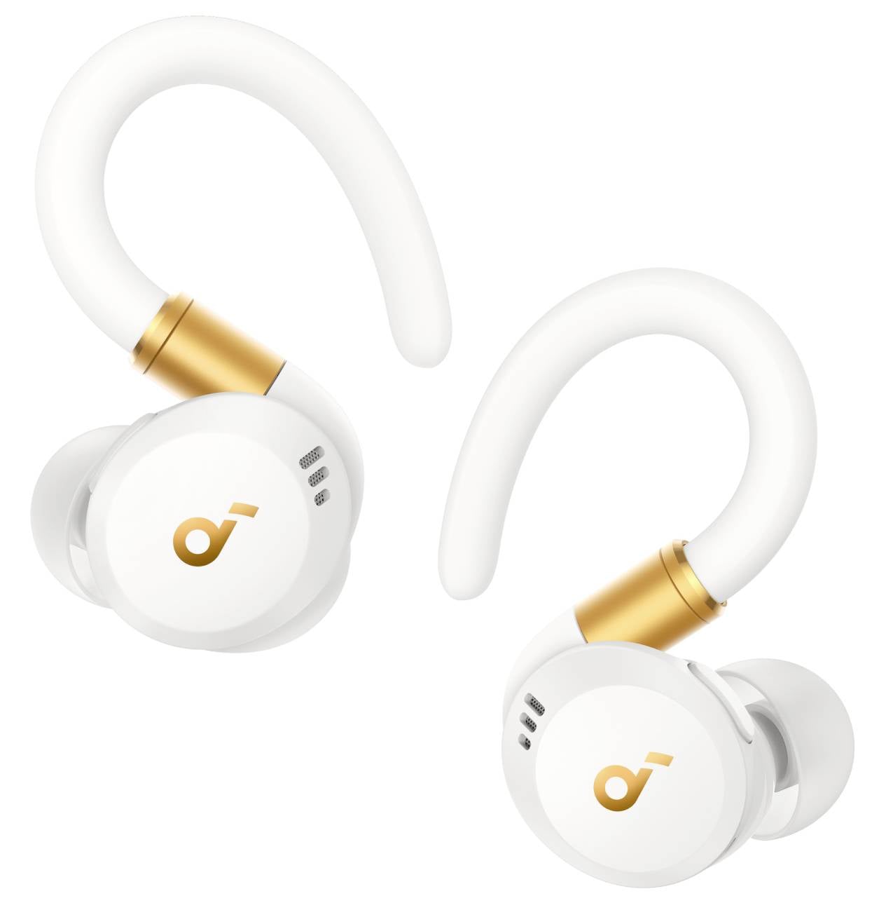 Weiße kabellose In-Ear-Ohrhörer mit goldenen Akzenten, einzeln auf neutralem Hintergrund dargestellt.