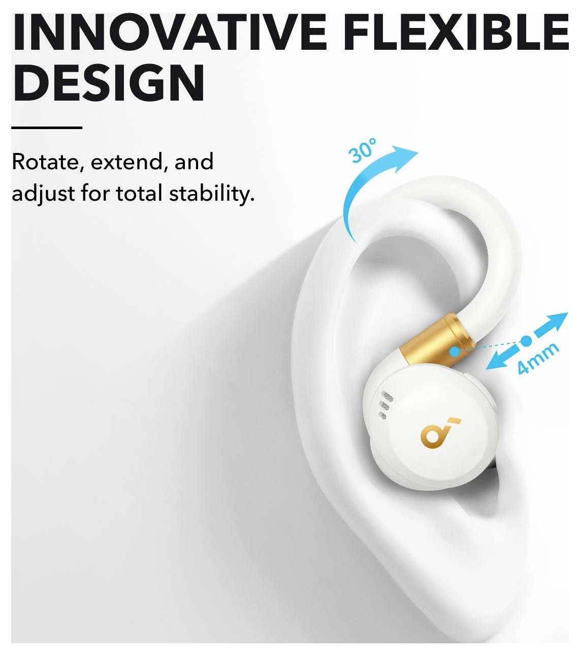 Bewerbungsgrafik eines kabellosen Ohrhörers an einem menschlichen Ohr, beschriftet mit „Innovatives flexibles Design" und „Drehen, ausfahren und einstellen für vollständige Stabilität", mit 30° Drehung und 4 mm Einstellung.