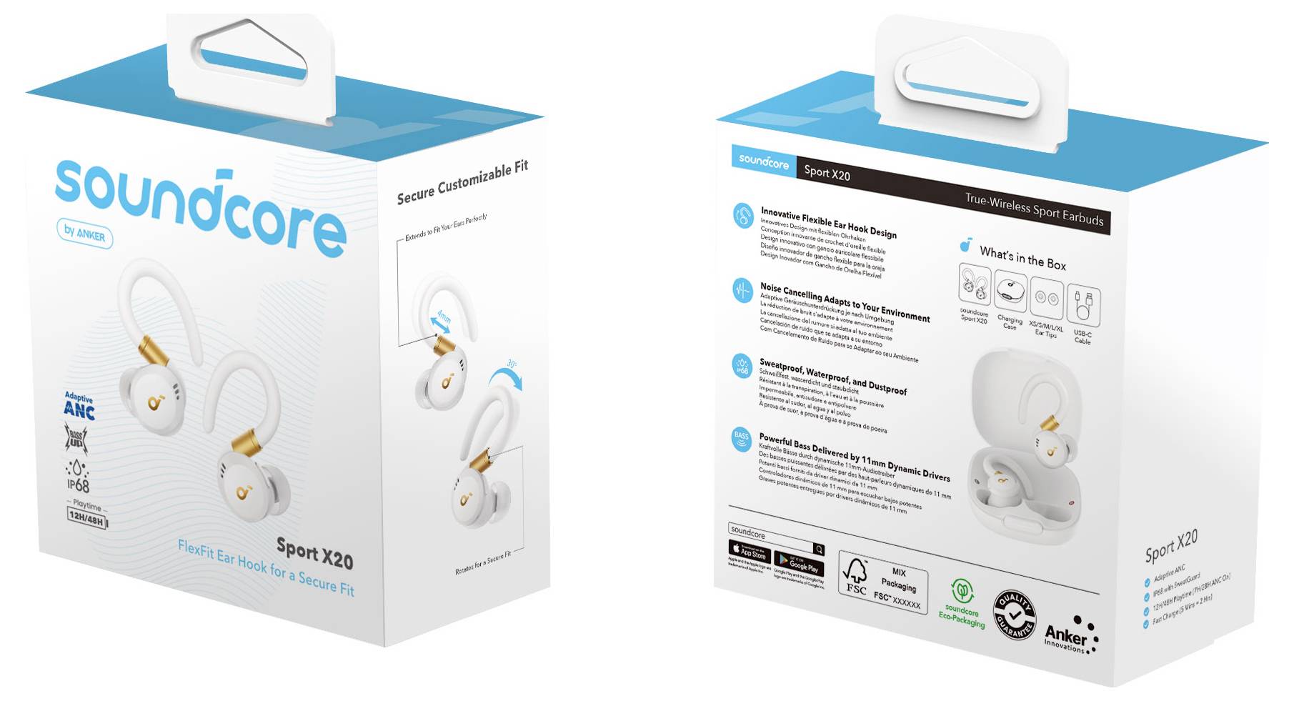 Nebeneinander angeordnete Produktkartons für die Soundcore Sport X20 In-Ear-Kopfhörer, die die Vorder- und Rückseite der Verpackung mit weißen Kopfhörern und Ladegehäuse zeigen.