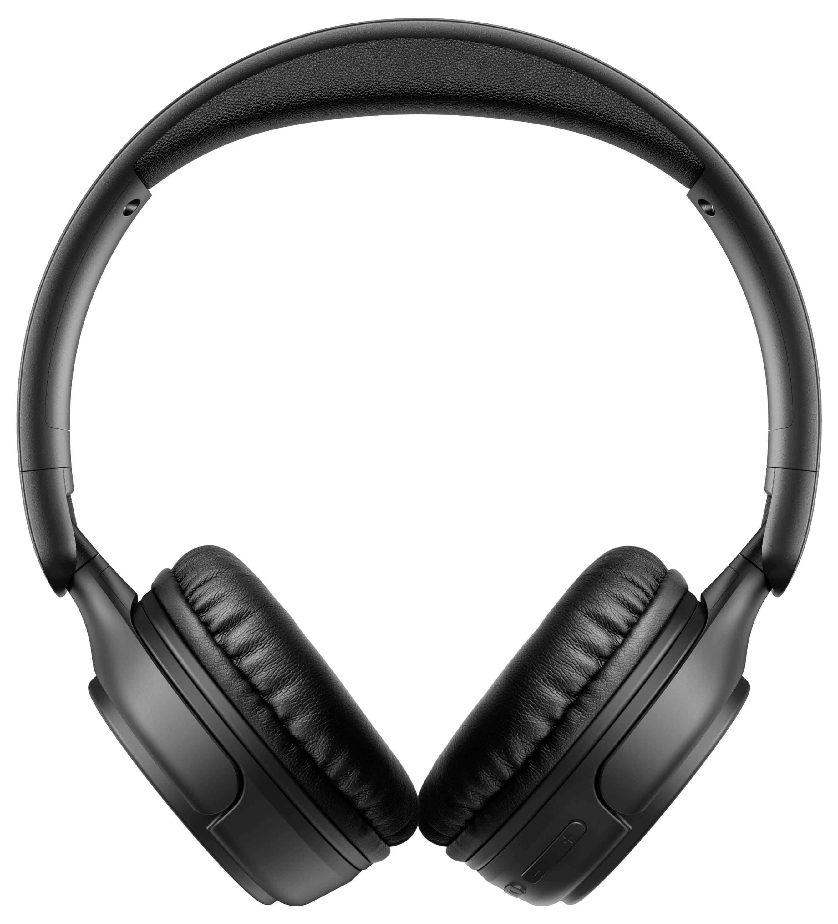 Schwarze Over-Ear-Kopfhörer mit kabelloser Verbindung auf weißem Hintergrund.
