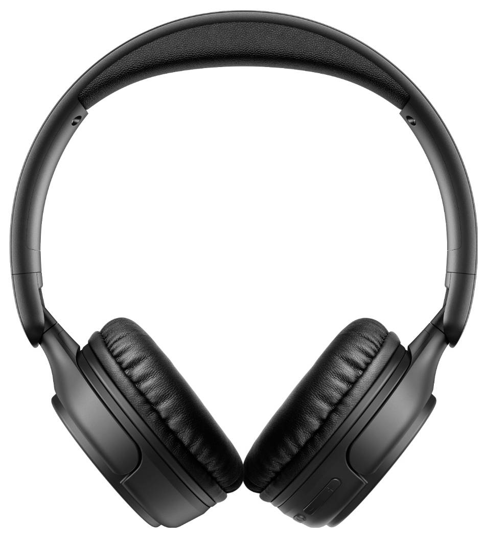 Schwarze Over-Ear-Wireless-Kopfhörer mit gepolsterten Ohrmuscheln und Kopfbügel, Vorderansicht auf weißem Hintergrund.