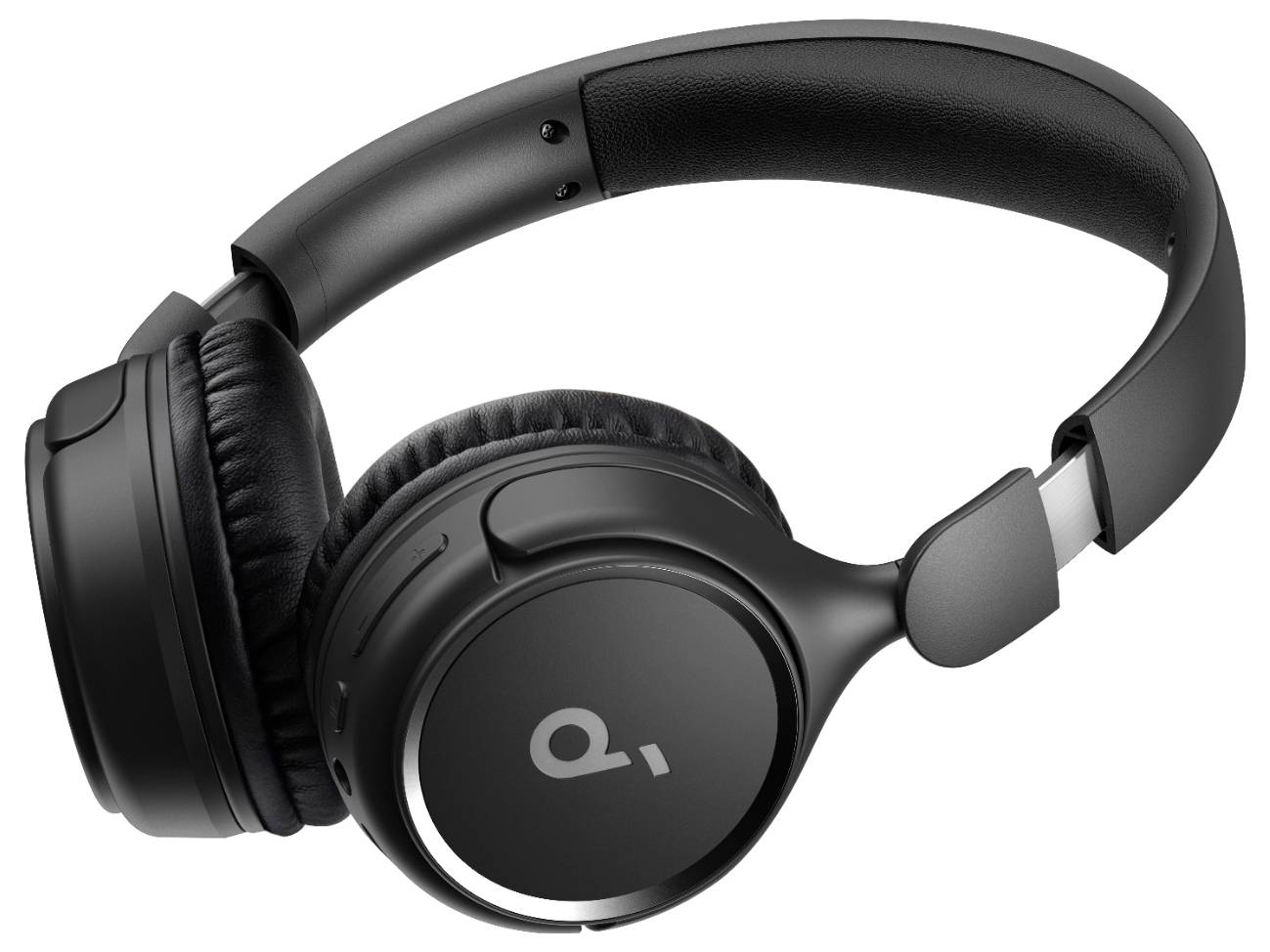 Schwarze Over-Ear-Kopfhörer ohne Kabel auf weißem Hintergrund, angewinkelt, um gepolsterte Ohrmuscheln und Kopfbügel zu zeigen.