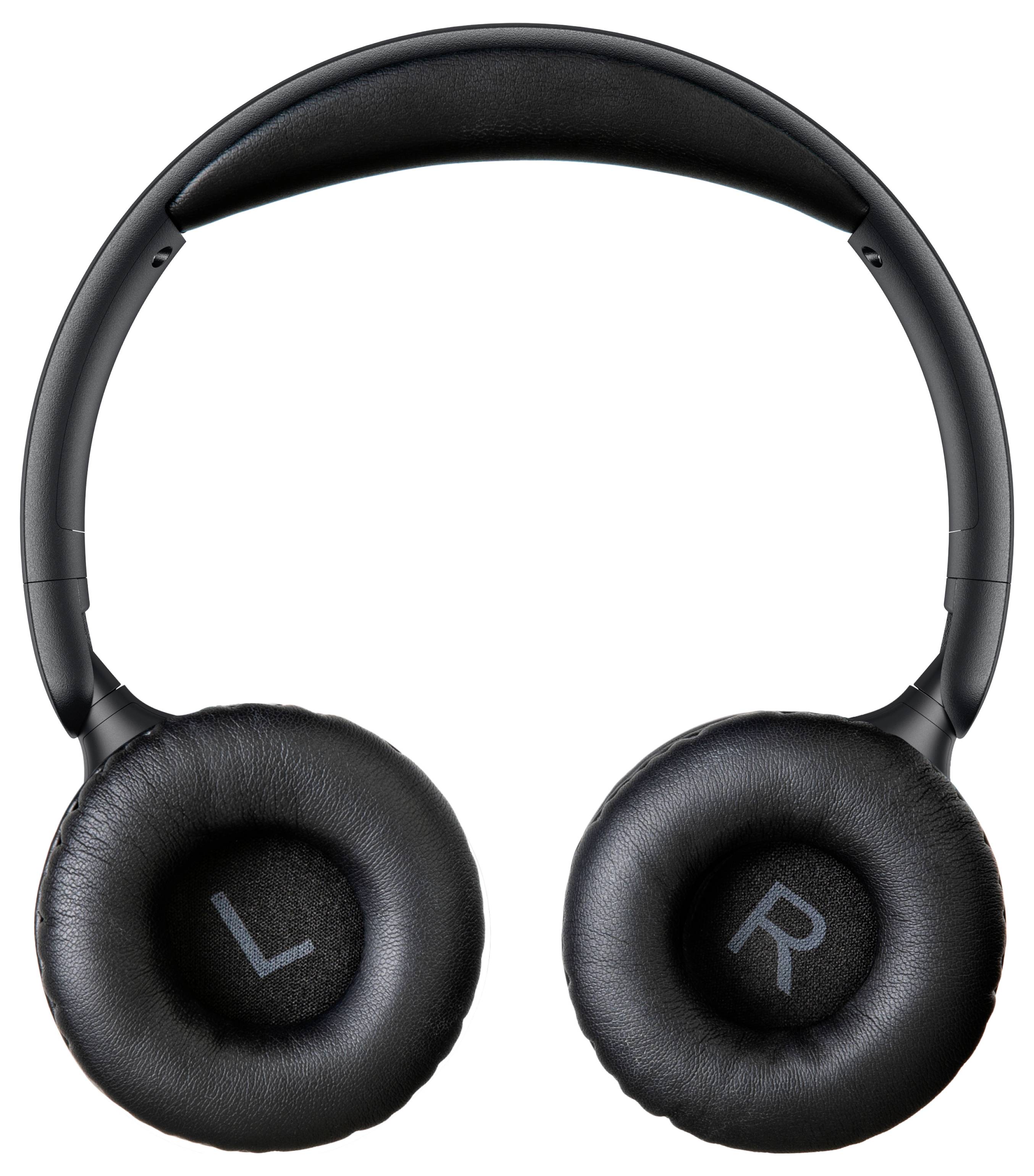 Schwarze Over-Ear-Kopfhörer mit sichtbaren Beschriftungen für linkes und rechtes Ohrmuschel-Etikett auf weißem Hintergrund.