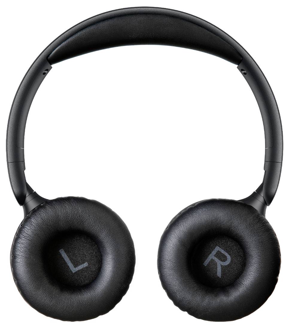 Schwarze Over-Ear-Kopfhörer mit gepolsterten Ohrmuscheln, beschriftet mit L und R auf weißem Hintergrund