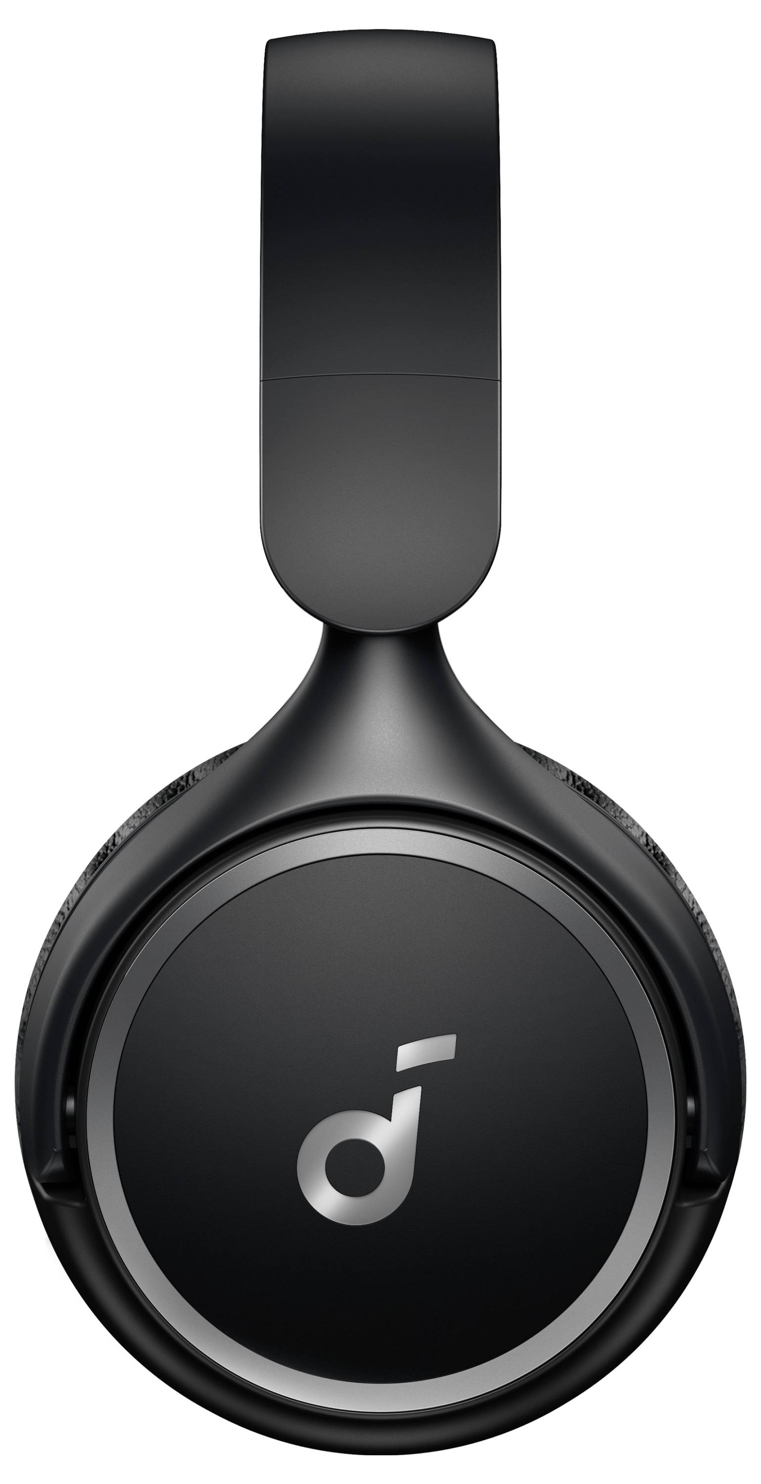 Schwarze Over-Ear-Kopfhörer mit rundem Ohrmuschel und hängendem Kopfbügel, Vorderansicht auf weißem Hintergrund.