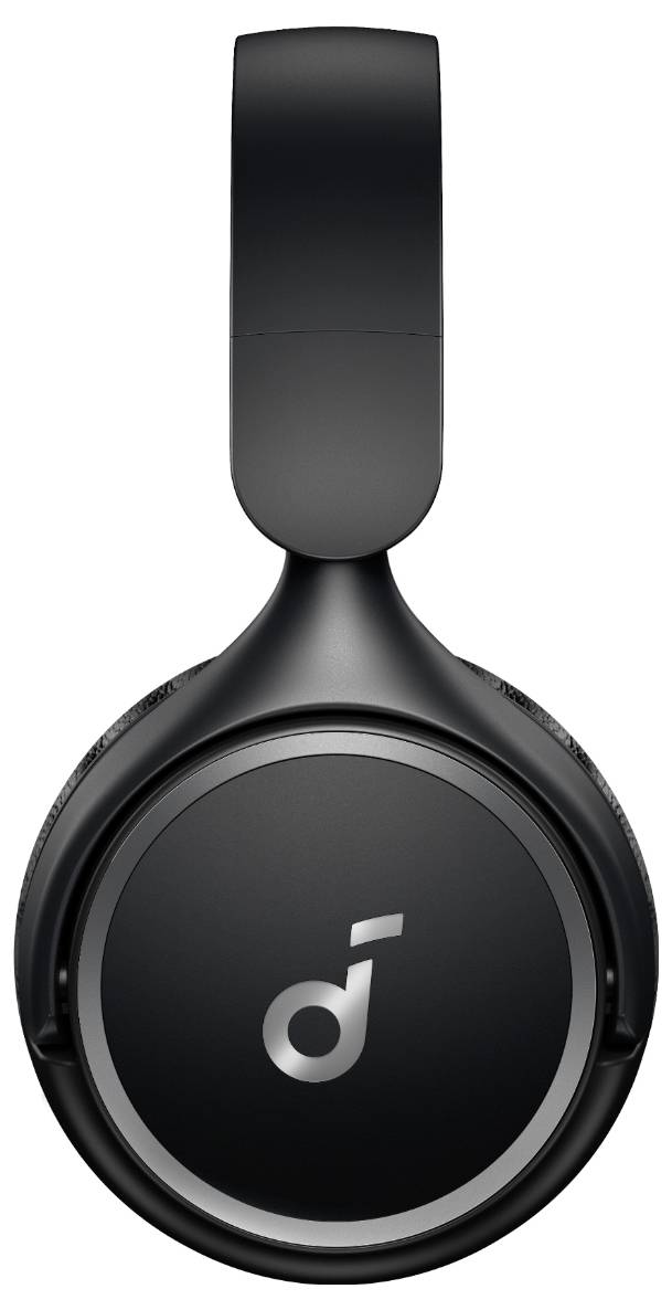Schwarze Over-Ear-Kopfhörer mit kreisförmiger Ohrmuschel und silbernem Logo auf der Außenseite.