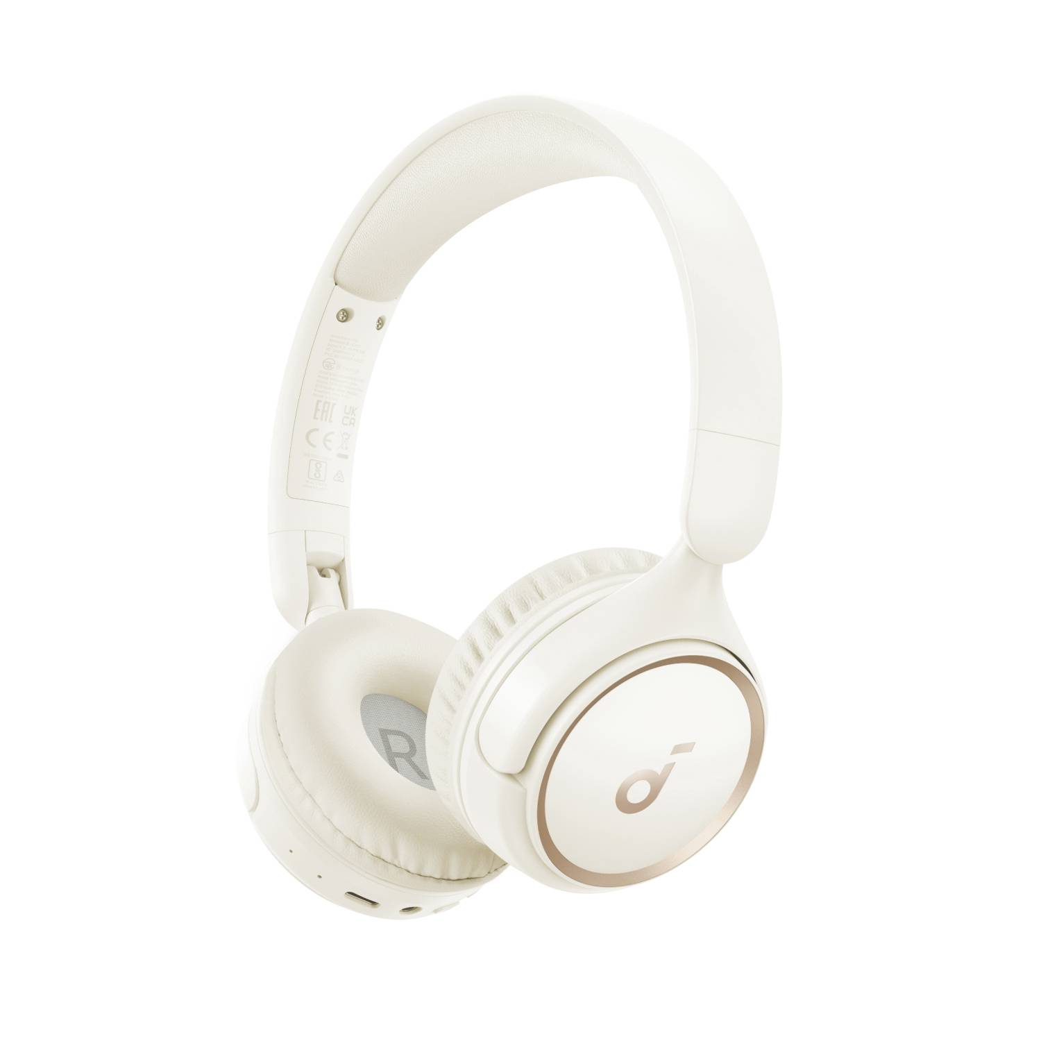 Weiße Over-Ear-Kopfhörer mit Polsterband und kreisförmigen Ohrmuscheln, isoliert vor einem einfachen weißen Hintergrund dargestellt.