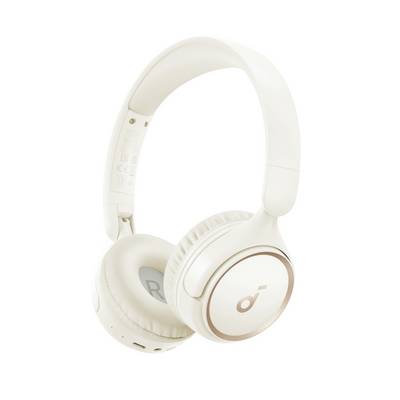 Weiße Over-Ear-Kopfhörer mit Polsterband und kreisförmigen Ohrmuscheln, isoliert vor einem einfachen weißen Hintergrund dargestellt.