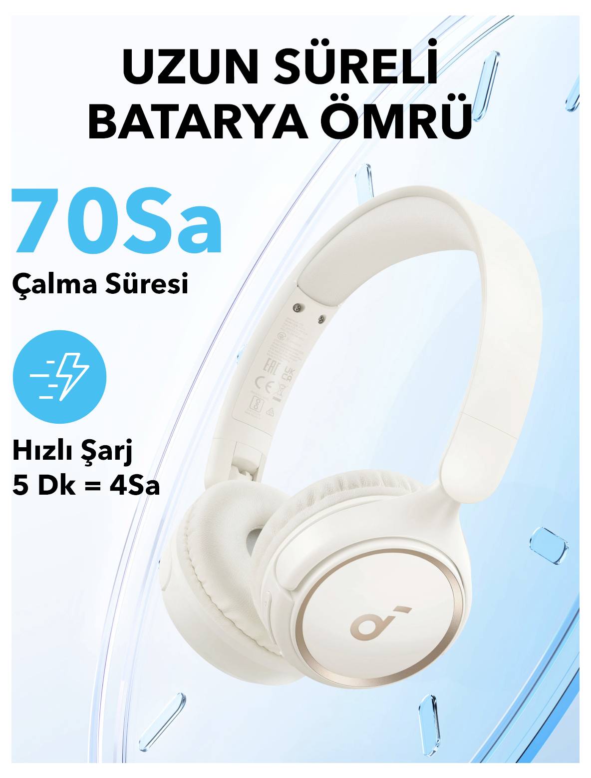 Weiße kabellose Kopfhörer mit türkischem Werbetext: 'Lange Akkulaufzeit', '70 Stunden Spielzeit', und 'Schnellladung 5 Min = 4 Std'.
