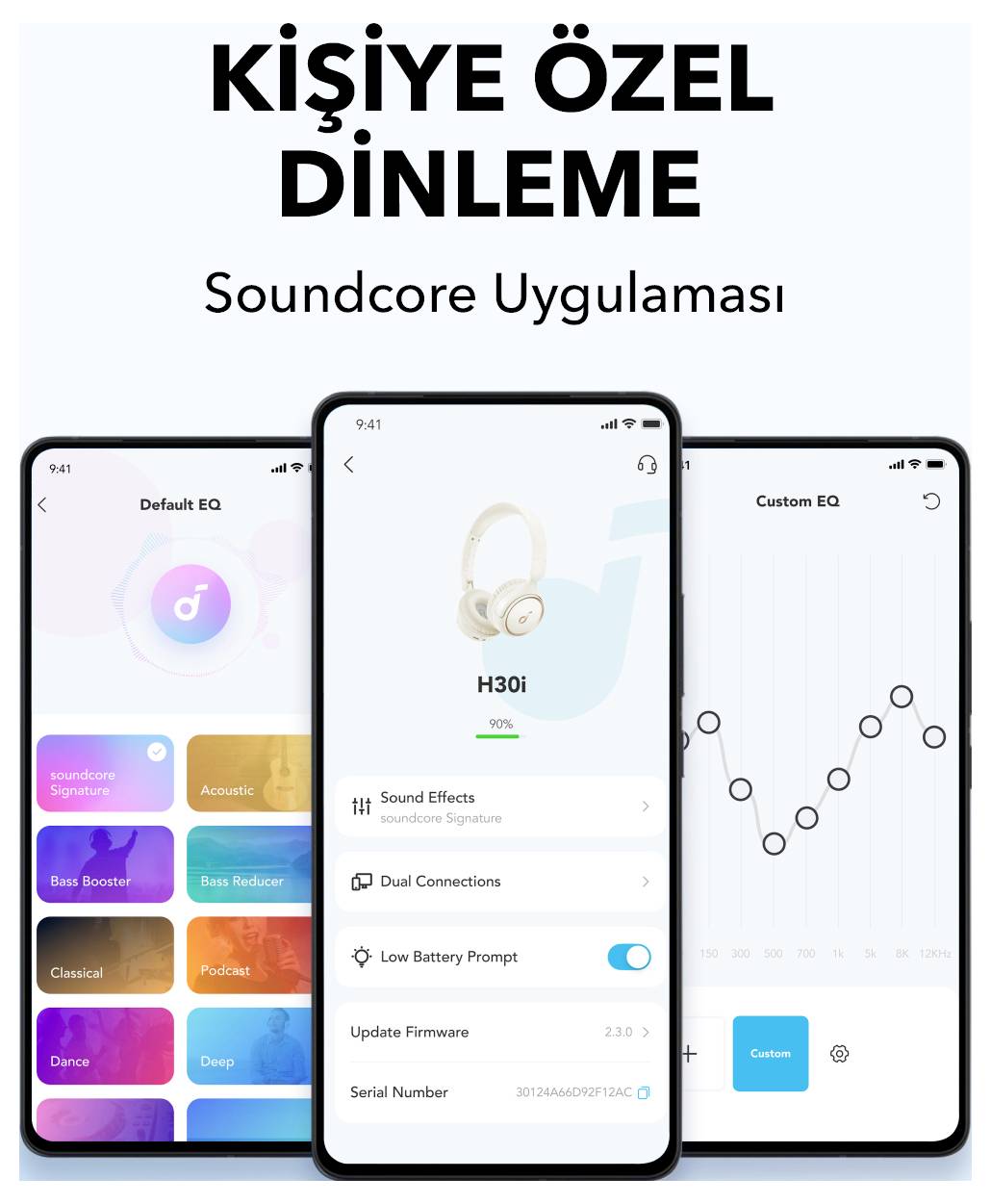 Soundcore App persönliches Hörerlebnis, zeigt drei Smartphone-Bildschirme mit EQ-Voreinstellungen, Kopfhörereinstellungen und einer benutzerdefinierten EQ-Kurve.