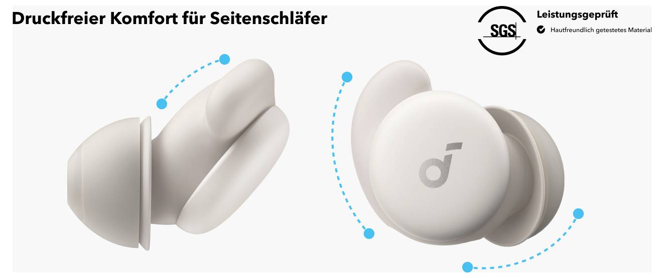 Werbegrafikbeige Ohrstöpsel mit dem Text "Druckfreier Komfort für Seitenschläfer" und SGS-Badge "Leistungsgeprüft", das ihre Form und den Seitenschläfer-Komfort zeigt.