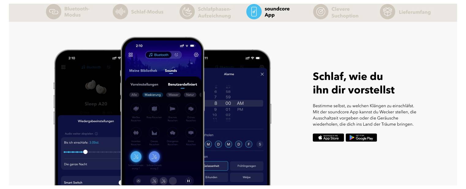 Werbebanner für die Soundcore-App mit drei Smartphone-Bildschirmen mit Schlaf-, Sound- und Weckerfunktionen neben der Überschrift „Schlaf, wie du ihn dir vorstellst".