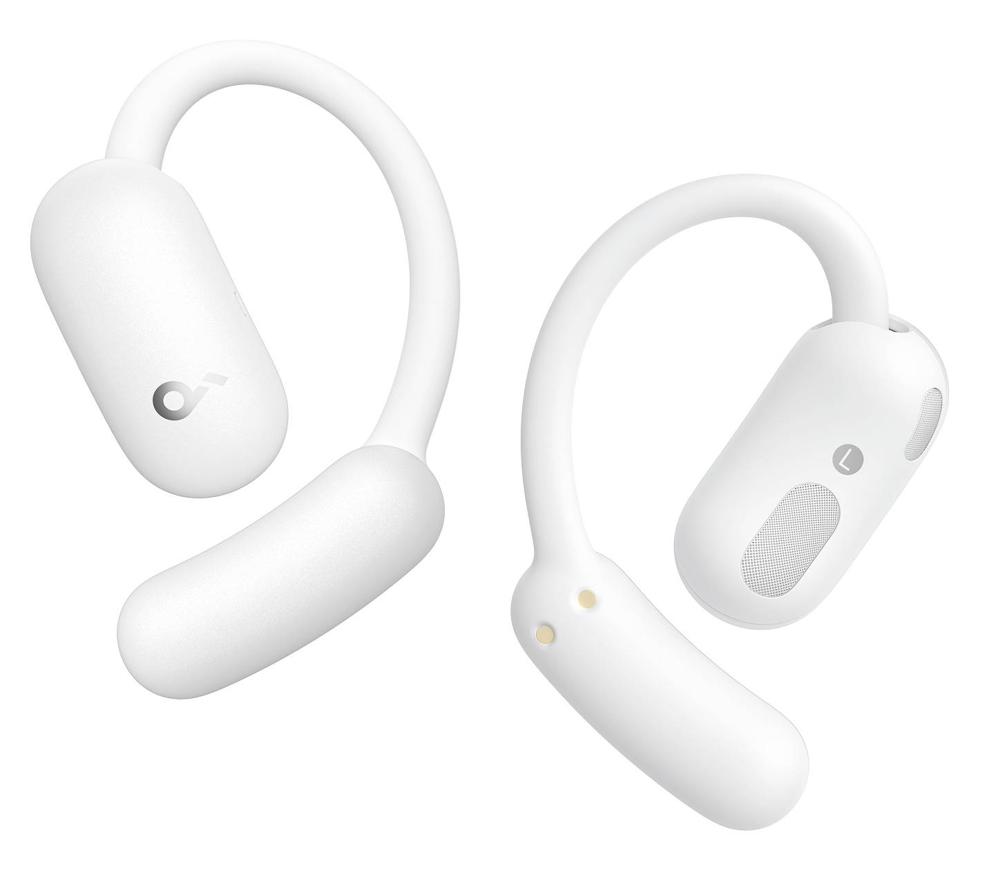 Drahtlose Open-Ear-Kopfhörer von zwei Seiten gezeigt, mit flexiblen Bügeln und ovalen Lautsprecherkapseln für ein Ohr