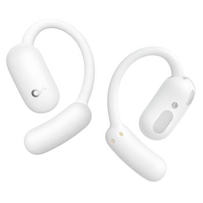 Drahtlose Open-Ear-Kopfhörer von zwei Seiten gezeigt, mit flexiblen Bügeln und ovalen Lautsprecherkapseln für ein Ohr