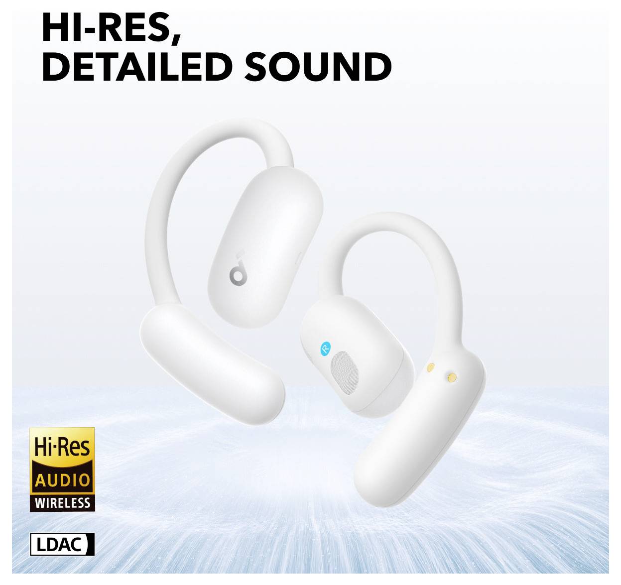Anzeige für weiße kabellose Ohrhörer mit dem Text „HI-RES, DETAILLIERTER SOUND" und Abzeichen für Hi-Res Audio Wireless und LDAC.