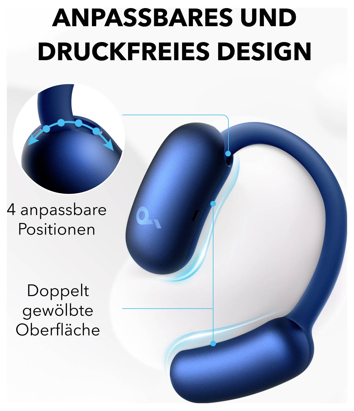 Deutsches Produktbild zeigt ein blaues verstellbares, druckfreies Over-Ear-Design mit 4 verstellbaren Positionen und einer doppelt gekrümmten Oberfläche.