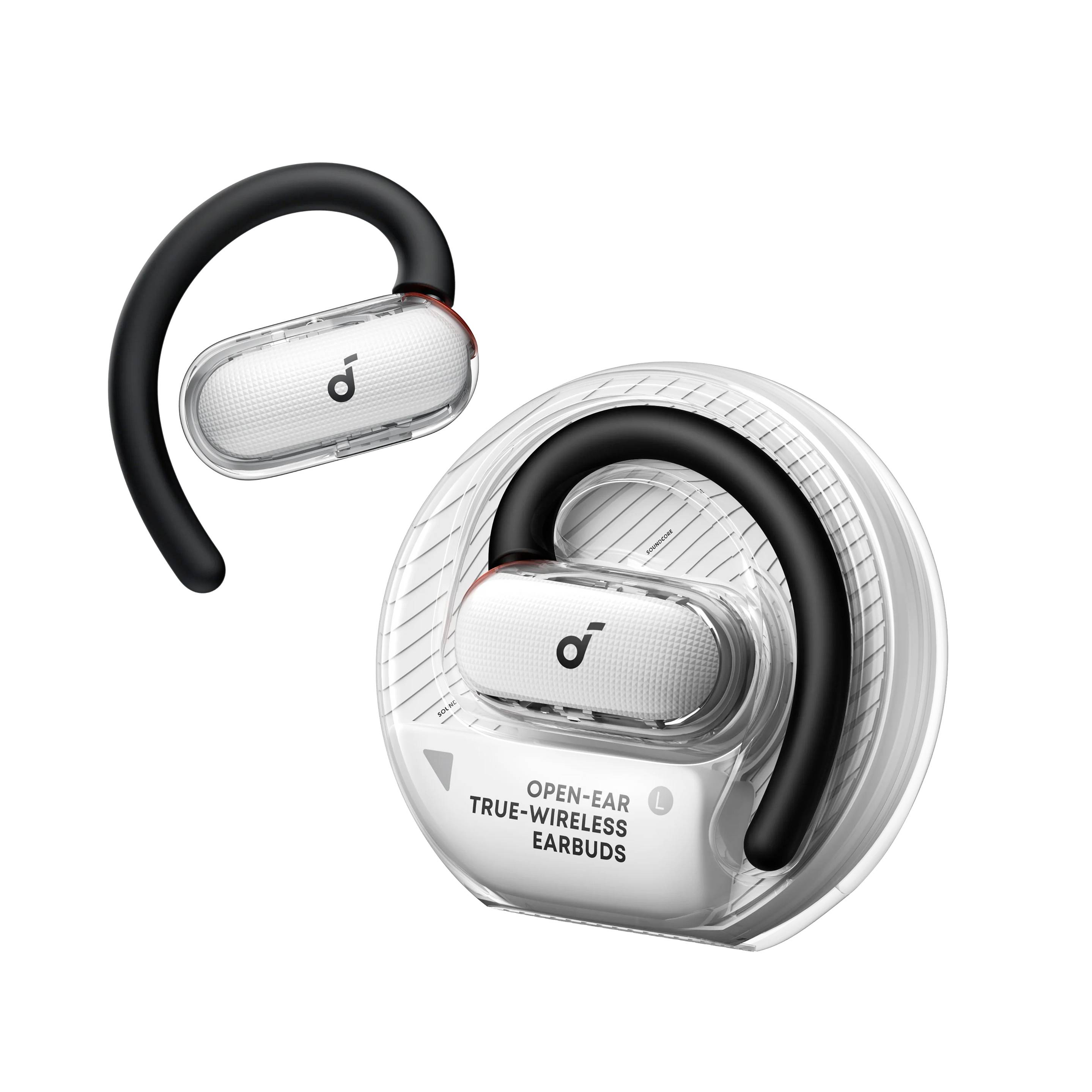 Open-Ear True-Wireless Earbuds mit schwarzen Ohrbügeln, dargestellt neben einem durchsichtigen Ladeetui mit der Aufschrift „OPEN-EAR TRUE-WIRELESS EARBUDS".