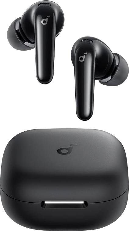Schwarze kabellose Ohrhörer mit passendem Ladeetui auf weißem Hintergrund.