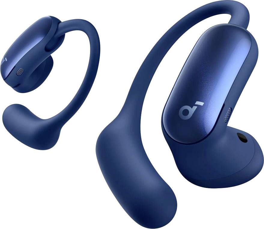 Blaue kabellose Over-Ear-Kopfhörer mit Ohrbügel, von zwei Seiten auf weißem Hintergrund gezeigt.