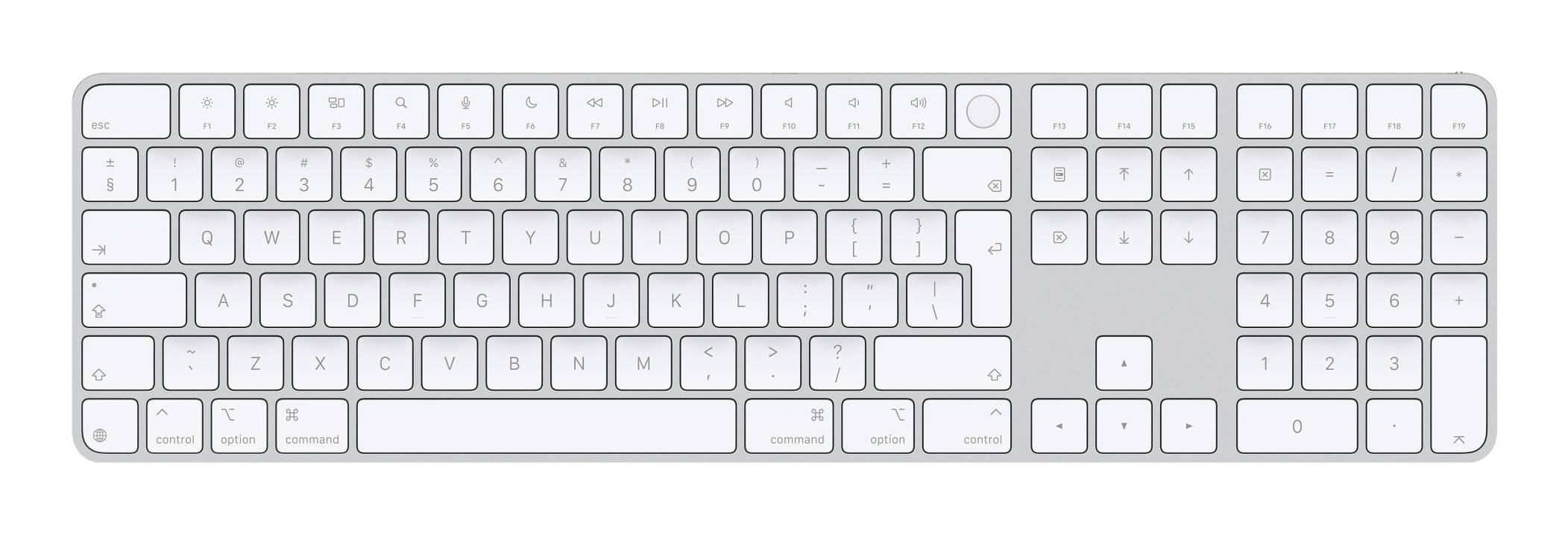 Weiße Vollformat-Computertastatur mit Nummerntastatur und Medien-/Funktionstasten, von oben auf einfachem Hintergrund dargestellt.