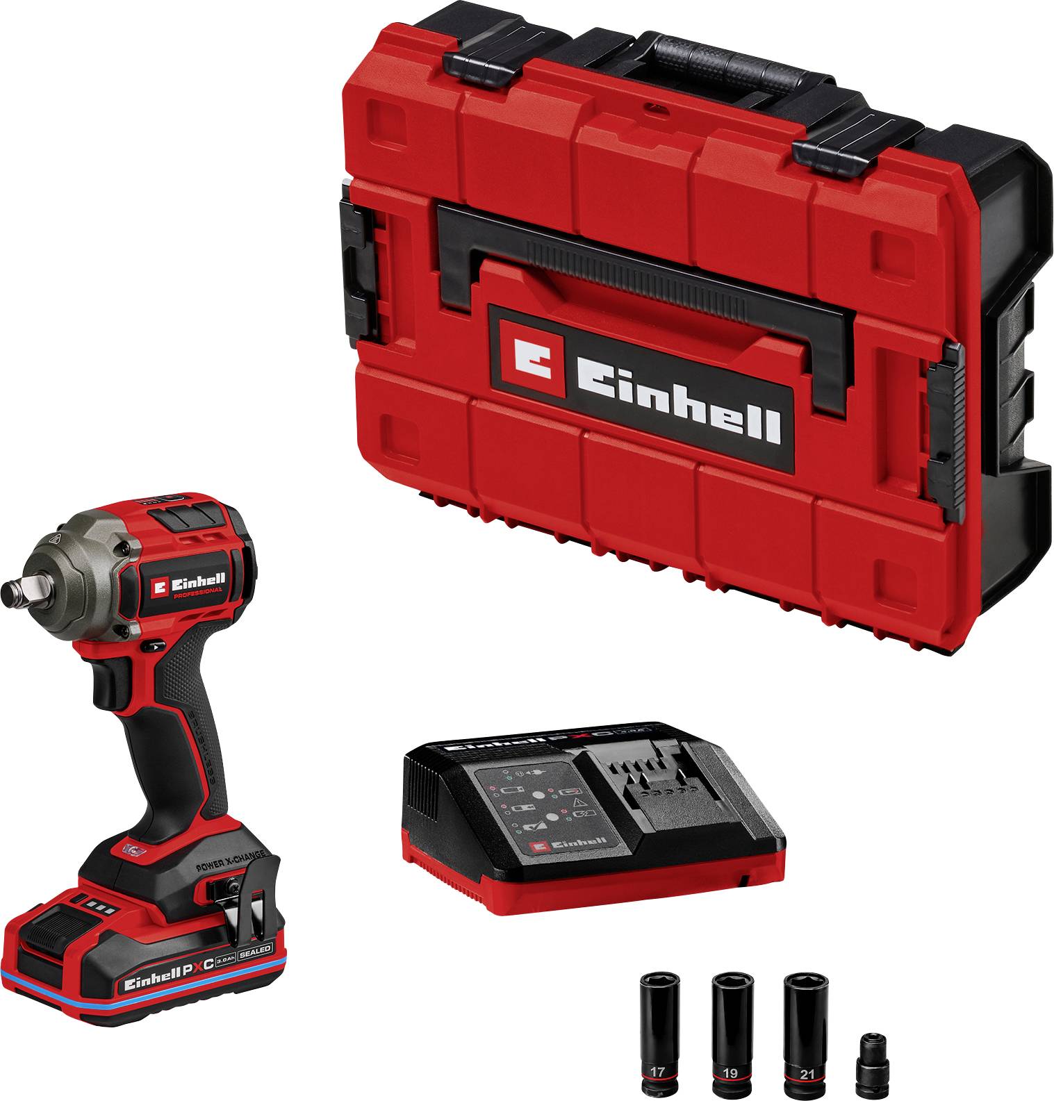 Einhell Akku-Schlagschrauber-Set mit rotem Transportkoffer, Akku, Ladegerät und drei Steckschlüsseln auf weißem Hintergrund.