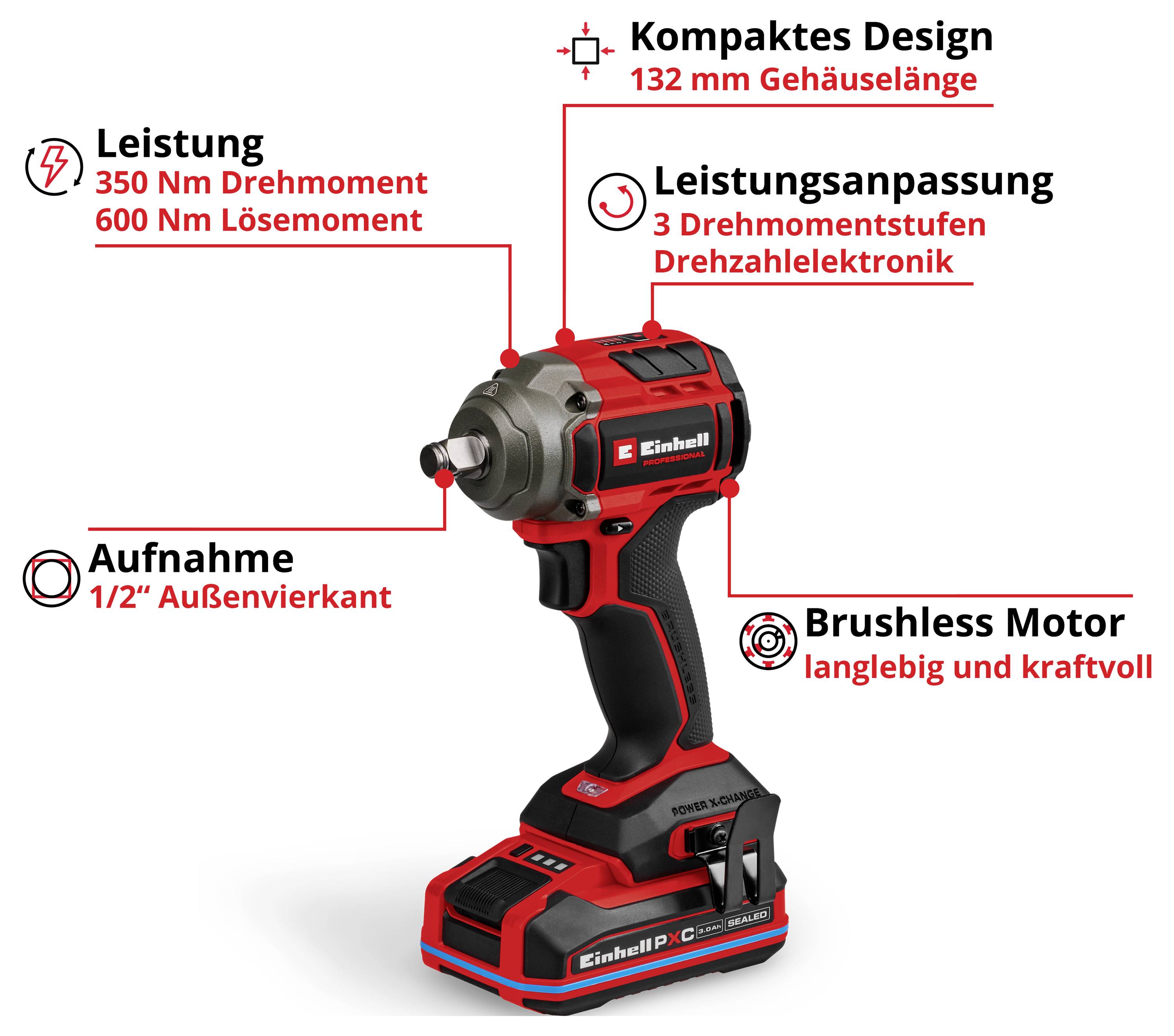 Produktgrafik eines Akku-Schlagschraubers mit hervorgehobenen Merkmalen: 350 Nm Drehmoment, 600 Nm Losdrehmoment, 132 mm Gehäuselänge, 3 Drehzahlstufen, 1/2"-Außenvierkant, Brushless Motor.