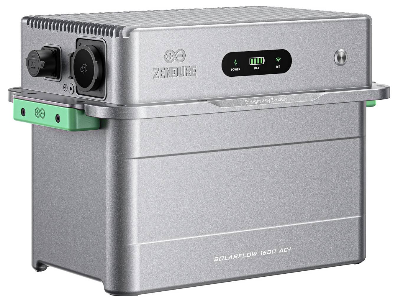 Silver Zenure SolarFlow 1600 AC+ Batteriespeichereinheit mit frontalem Statusdisplay und seitlichen Stromanschlüssen.
