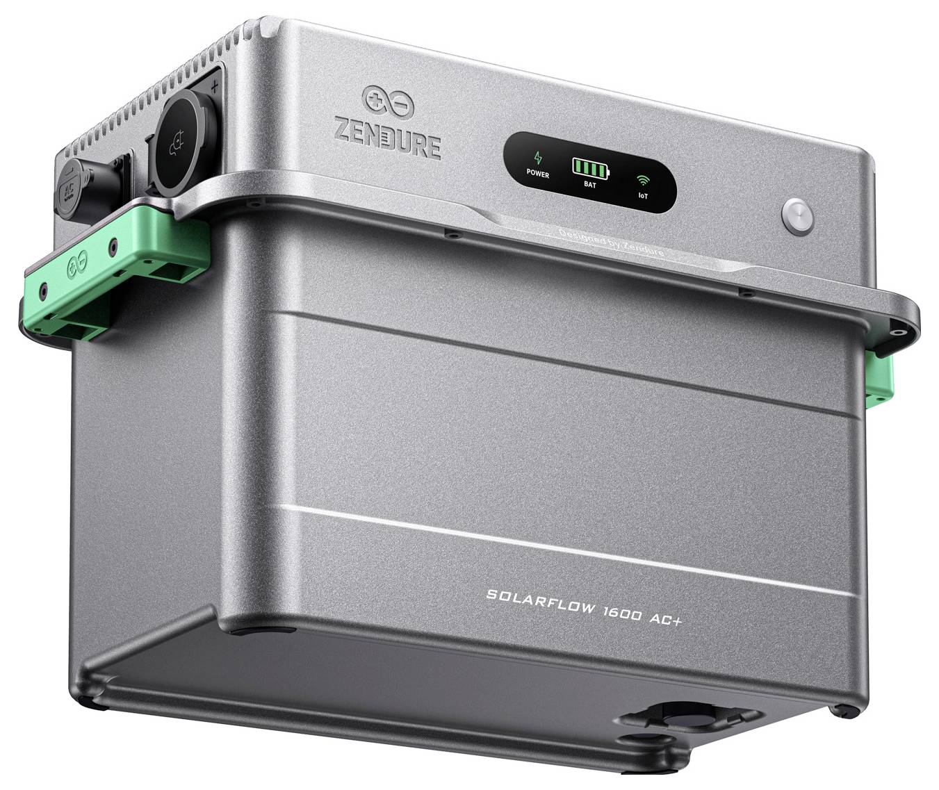 Zendure SolarFlow 1600 AC+ Batterieeinheit mit digitalem Statusdisplay und seitlichen Anschlüssen, dargestellt in Silber und Dunkelgrau.